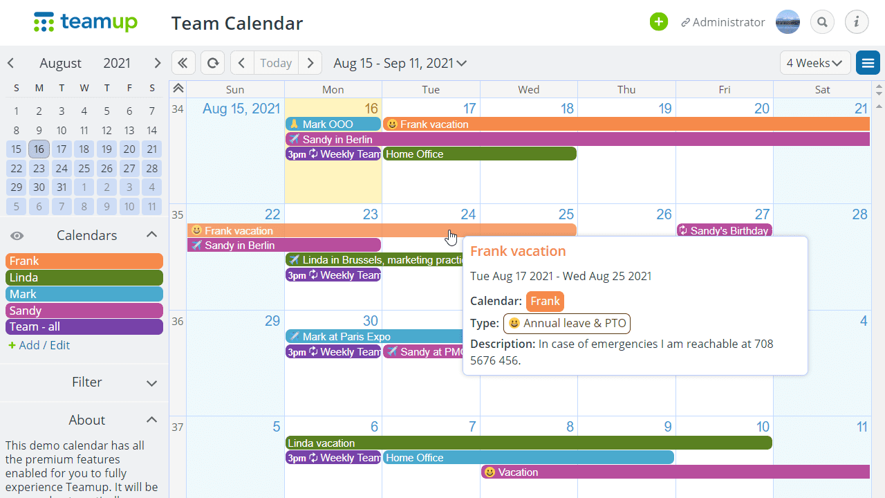 A screenshot of TeamUp