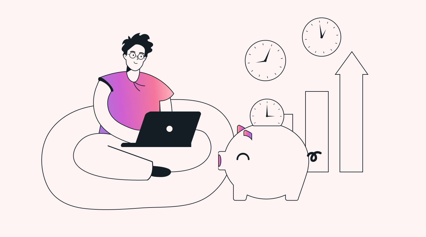 Graphic depicting a man sitting with his laptop in front of a piggy bank