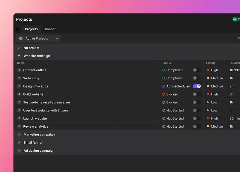 Project management list view interface in Motion