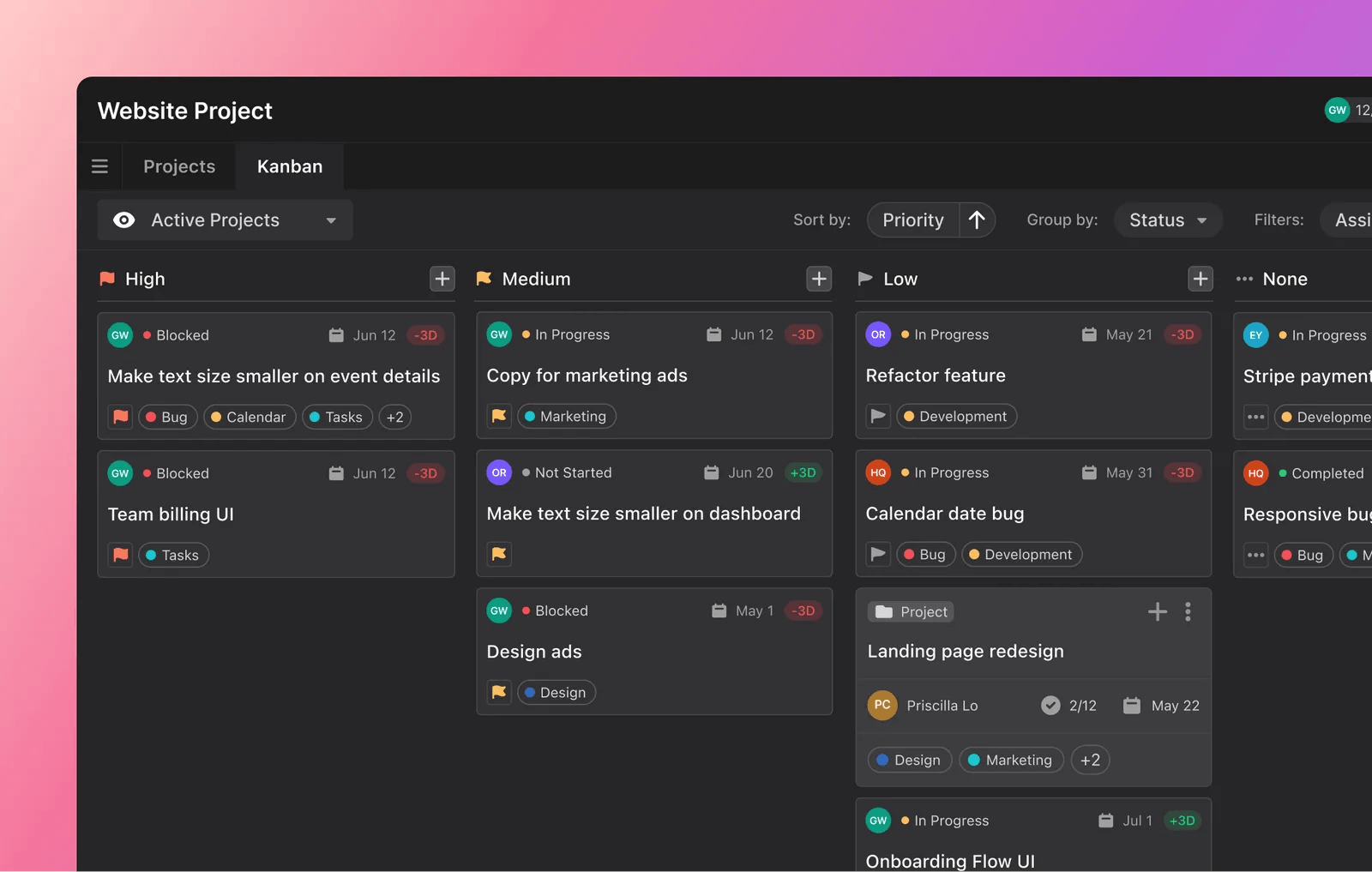 Screenshot of the Kanban view in Motion